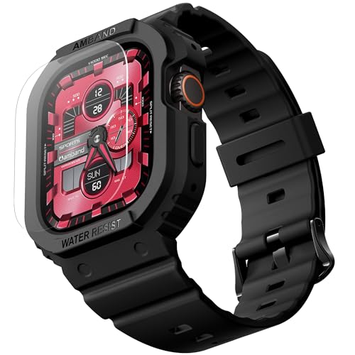 amBand Compatible with Apple Watch Ultra 2/1 Band Case Cover 49mm for Men, MF Sport Rugged Bumper Sleek Strap Tempered Glass Screen Protector Kit, Protective Accessories for iWatch 49 mm, Matte Black