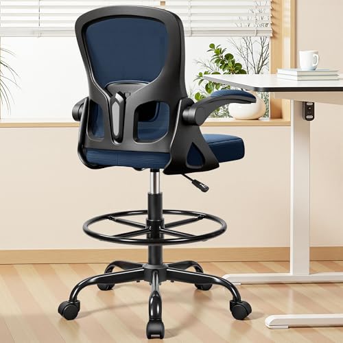 Image of Ergonomic Drafting Chair for Standing Desk, Office Chair with Adjustable Height, Flip-Up Armrests & Footrest Ring, 360 Swivel Mesh High Desk Chair for Studio, Study, Artist, Gaming, Work Navy