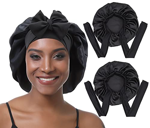 EBONNT 2Pcs Bonnet Satin Cheveux Nuit Bonnets en Soie pour Femmes Cheveuxs Taille de tête Ajustable Bonnet de Nuit pour Cheveux bouclés