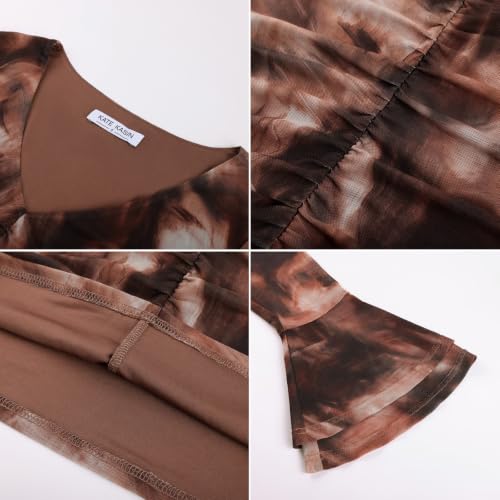 Women Ruched Floral Mesh Top Bell Sleeve Tie Dye Slim Y2K Going Out Blouse — view 3