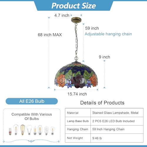 Jgwsmq Tiffany Kitchen Island Pendant Light Rose Stained Glass Chandelier Victorian Hanging Lighting Fixture For Dining Living Room Study Hallway,15 Inch thumb #1