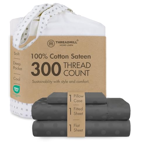 Image of Threadmill Cotton Twin XL Sheet Set | 100% Cotton Sheets for Twin XL Size Bed | Damask Jacquard Sateen Twin XL Bed Sheets Set with 16 inch Deep Pocket | Soft Breathable 3-Piece Cooling Sheets | Dark Grey