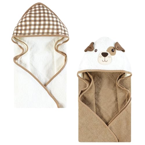 Image of Hudson Baby Unisex Baby Cotton Poly Animal Face Hooded Towel, Brown Gingham Puppy, One Size
