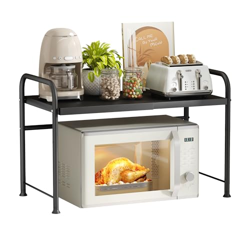 NETEL Étagère à micro-ondes réglable à 2 niveaux, étagère au-dessus du micro-ondes, étagère de cuisine debout pour plan de travail, étagères de boulangerie, noire, extensible de 40 à 64 cm