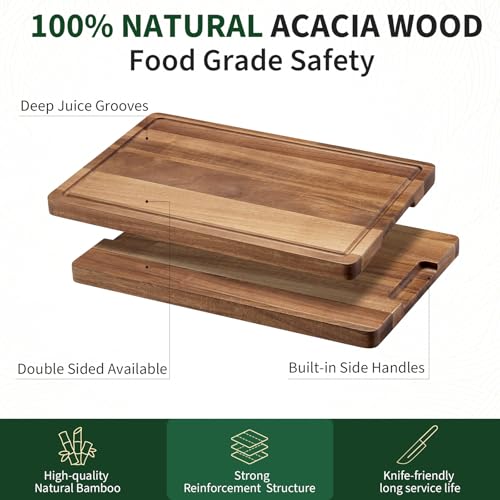 PeacefulHues Acacia Wood Cutting Board, 18 x 12 x 1 Inch Chopping Board, Thick Butcher Block with Deep Juice Groove and Inner Handles for Meat, Fruit, and Vegetables by PeacefulHues - Used condition - Image 3