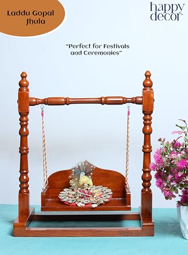 Image of Premium Polished Sheesham Wooden Laddu Gopal Jhula, Shri Krishna Swing Kanhaji, Thakurji, for Bal Gopal Idol, (Size:- 13 inchx12 inchx7 inch), Seat Size :- (8 inchx6 inch) 0 to 4 no Gopal ji.
