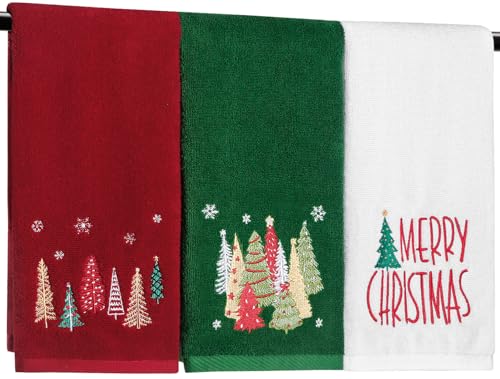 Quera 3 Pack Christmas Hand Towels 100% Cotton Embroidered Red Green Bathroom Decor Decorative Kitchen Towels Set for Drying, Cleaning, Cooking, Holiday Towels Gift Set
