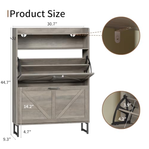 Image of Shoe Cabinet with 2 Flip Drawers, Freestanding Hidden Shoe Storage Organizer for Entryway, Narrow Slim Shoe Rack Cabinet with Open Storage & Hooks for Front Door Entrance, Living Room, Hallway, Grey