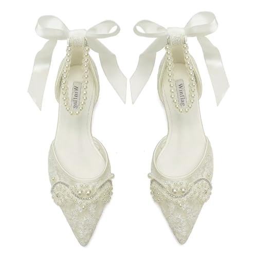 Winflag Pearl Wedding Shoes for Bride Flat Lace Bride Shoes Pointed Toe Bridal Flats-Ivory 1-11 by Winflag - Used condition - Image 2