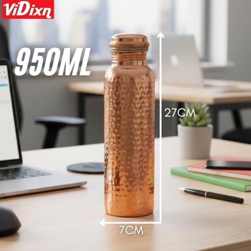 Image of Pure Copper Water Bottle with Leak-Proof Lid | Hammered Design Copper Bottle for Drinking Water | Reusable & Eco-Friendly Bottle for Home, Office, Yoga & Travel (Copper Doty)