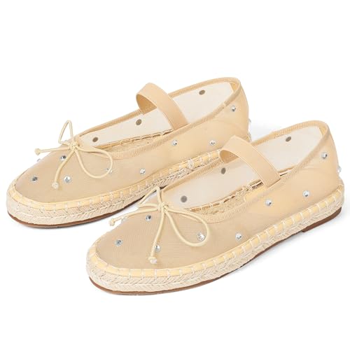 Image of AMINUGAL Raffia Ballet Flats Shoes for Women Dressy Comfortable Woven Straw Women's Flat with Elastic Strap Mesh Bows Raffia Mary Janes Ballerina