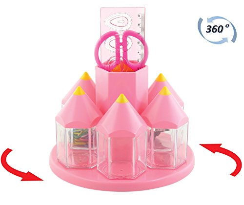 Miniatura 9 de Exerz Organizador De Escritorio Giratorio, Portalápices Conjunto Con 5 Cajas Para Accesorios - Equipado Con Tijeras De Seguridad No Afilada , Regla, Dispensador De Cinta, Goma De Borrar, Clips Rosa