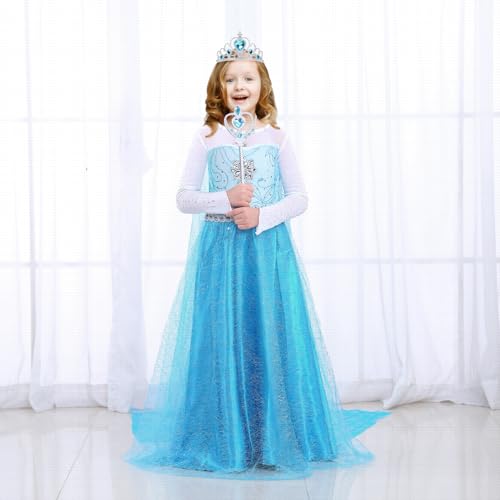 TOLOYE Disfraz Princesa Niña, Vestido de Princesa con Accesorios de Collar de Varita de Hadas de Corona, Disfraces de Princesas, Vestido Elegante para Desfile de Cosplay de Dama de Honor de Fiesta