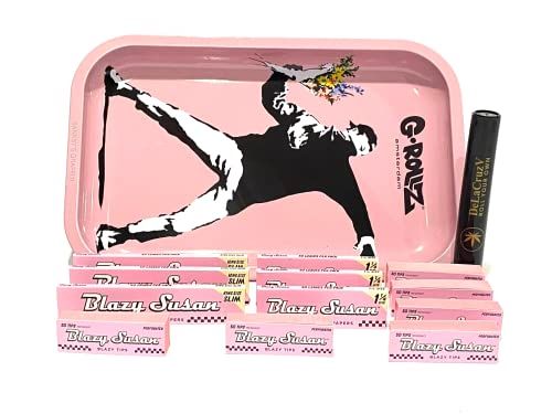 Blazy Susan Mix Bundle -14 Items- Blazy Susan Pink Rolling Paper (3 Packs Of King Size, 3 Packs Of 1 1/4 And 6 Tips) With G-Rollz Tray-Banksy's Flower Thrower And Delacruzv Tube. #TOP5