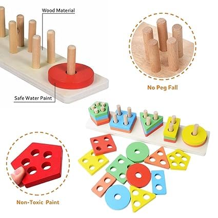 KRIDEZ Montessori Wooden Sorting & Stacking Toys | Shape Color Recognition Geometric 4 Angle Blocks | Matching Puzzle with Lacing String | Educational Learning Board Game -20pcs 2