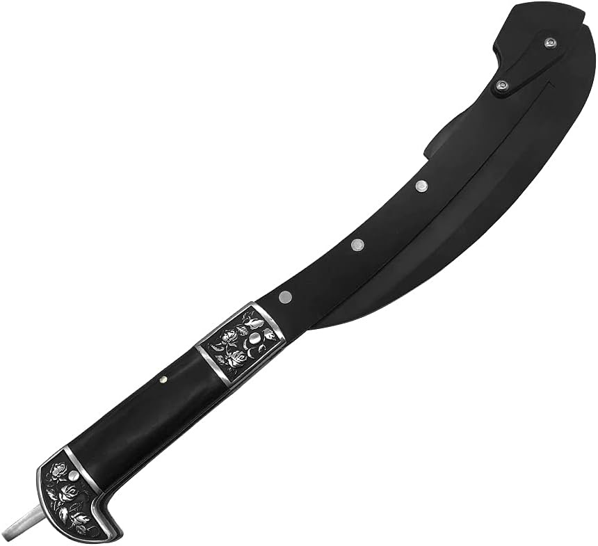 All-Black Sharp Edge Folding Scythe with Wooden Handle - Two Section Safety Sickle Knife for Grass Scythe and Grass Sickle, Foldable Garden Tool with Sheath
