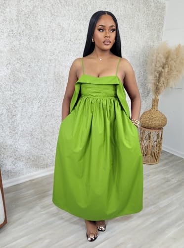 Image of YUEWOO Midi Dresses for Women Casual Summer Sundresses Vacation Outfits Spaghetti Strap Smocked Women Maxi Dress with Pockets