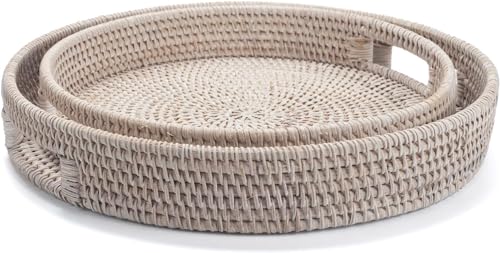 30cm Round Woven Rattan Tray with Cut-Out Handles, Rustic Serving Basket by YANGQIHOME, Whitewashed Finish - Image 6