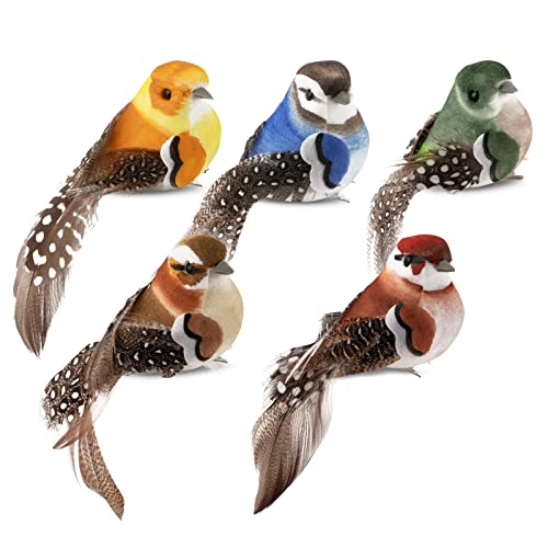 BETESSIN 5Pcs Vogel Deko Figuren Künstliche Vögel Deko mit Clip Bunt Vogelfigur mit Halterungsklammer Mini Vogel Dekofigur für Garten Frühling Deko Party Dekoration