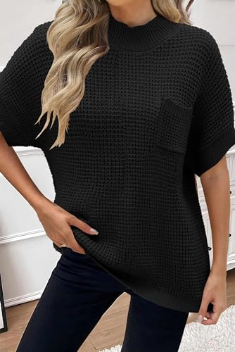 Image of Women 2026 Sweater Vest Mock Neck Batwing Short Sleeve Oversized Ribbed Knit Tops Fall Pullover Sweater S-XXL