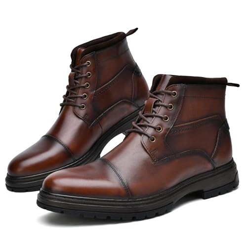 Image of Holy dove Mens Brown Leather Casual Oxford Dress Boots Genuine Leather Mid Top Cap Toe Ankle Chukka Boot Shoes for Men Size 12