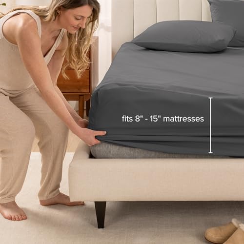Bare Home 100% Organic Cotton Percale Fitted Sheet (Full XL, Grey) - image 7