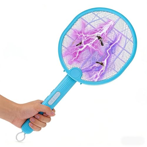 YGVQN Raqueta Eléctrica Anti Mosquitos Extra Potente 3000V, 3 en 1 con Luz UV Atractiva, Matamoscas Eléctrico Recargable USB C, Silencioso, Plegable y Seguro para Dormitorio, Cocina y Jardín (Azul)