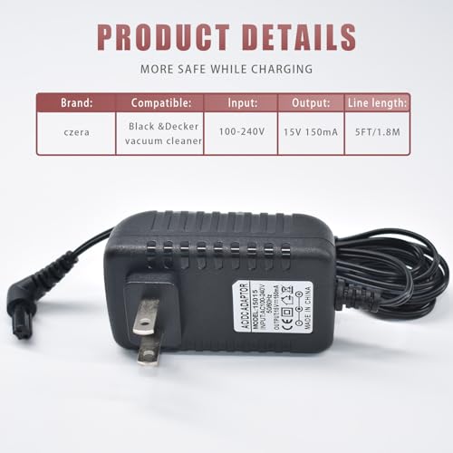 BOEEA 15V Charger for Black and Decker 90627870 Dustbuster Handheld Vacuum HHVI315JO42 HHVI320JR02 HFVB320J27 HLVA320JS10 S003AQU1500015 Power Adapter, Black