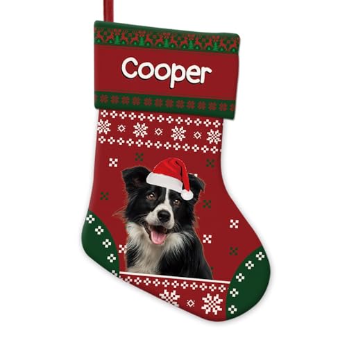 GABSHAIM Snowflake Border Collie Dog in Santa Hat Christmas Stockings Red Green Custom Xmas Hanging Stockings for Fireplace Holiday Party Decoration 14.4 Inch Style 1