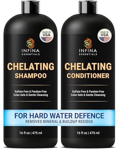 INFINA ESSENTIALS Chelating Hard Water Shampoo and Conditioner Set with Chelactik-3 & Rosemary Oil - Color Safe Metal Detox Shampoo and Conditioner for Mineral Build-Up & Swimmers Hair - 16 fl oz each