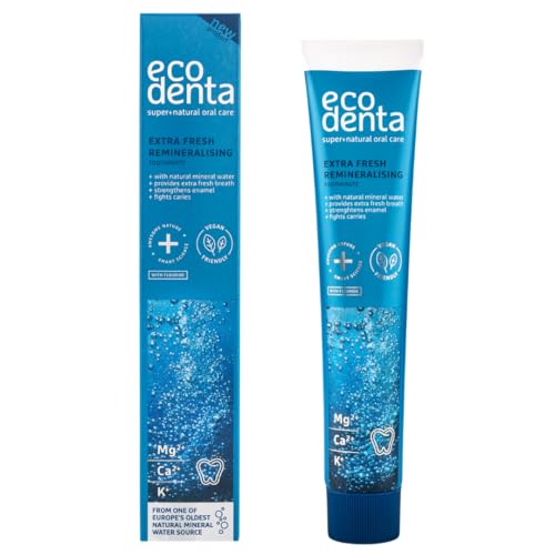 ECODENTA Extra Fresh Zahnpasta mit Natürlichem Mineralwasser I Remineralisierende Toothpaste Sorgt für frischen Atem, Stärkt den Zahnschmelz und Bekämpft Karies I Natürlichen Inhaltsstoffen, 75ml