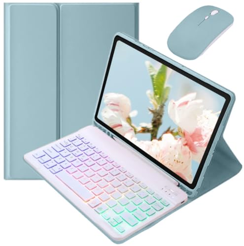 Rainbow Backlit Keyboard Case for Galaxy Tab S10 Lite/ S10 FE/ S9 FE 5G 10.9 Inch, Tab S9 11"/S8 11"/S7 11 inch Case with Mouse and Detachable Backlit Keyboard Cute Candy Color,MistyBlue+White