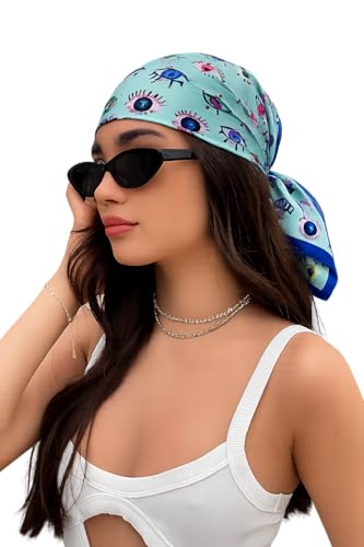 سكارف مربع من الساتان مزين بطباعة عين الحسد الملونة، بنمط بوهو للنساء للارتداء اليومي والنزهات الشاطئية، أزرق