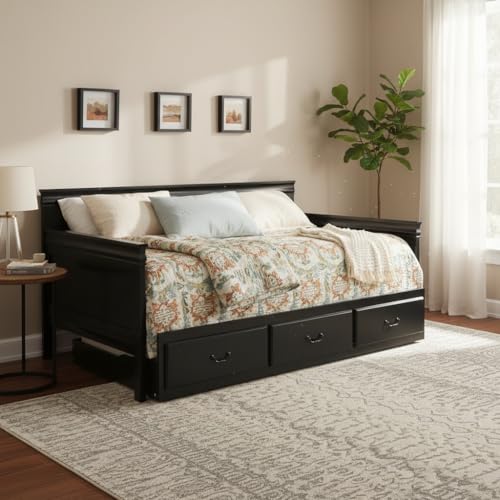 Image of APRODZ Mango Wood Carss Daybed with Trundle Bed for Home | Bed for Bedroom, Black Finish