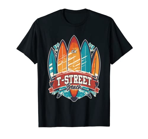 T-Street Beach CA Rebel Surf Edgy Surfboard Design T-Shirt