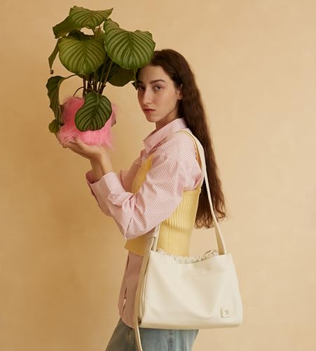 LAFESTIN PU Leather Shoulder Bag For Women, Stylish Women's Shoulder Handbags with Adjustable Strap, Drawstring Closure, Inner Zipper Pocket, Temperament White3