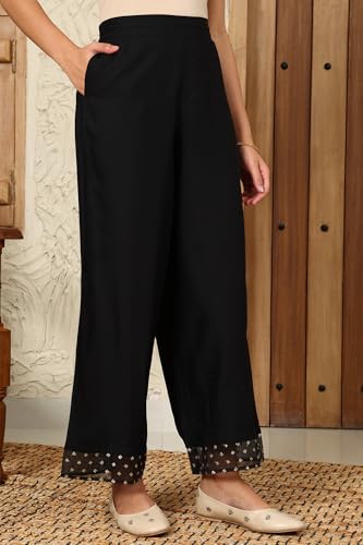 Image of Black Solid Rayon Parallel Pants with Embellished Organza Hemline