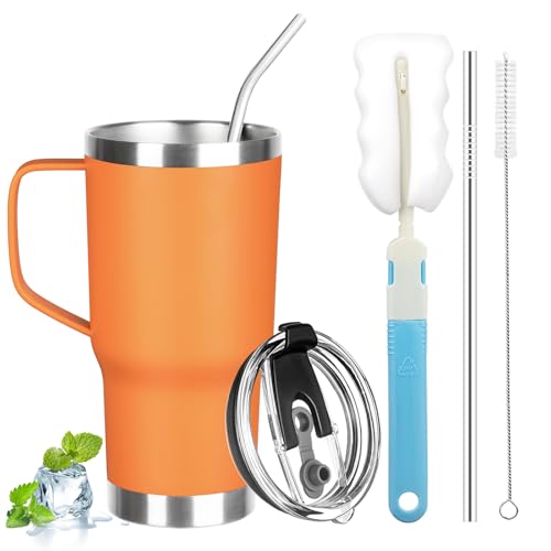 Image of 20 oz Tumbler with Handle, Stainless Steel Insulated Tumbler with Lid and Straw, Double Wall Vacuum Coffee Mug Tumbler, Insulated Coffee Thermal Cup for Cold and Hot (Orange, 20 Ounces)