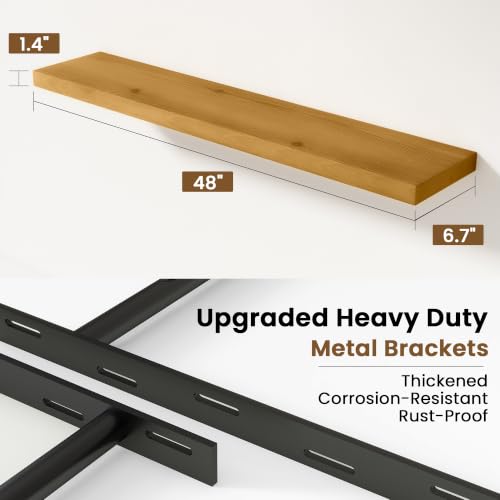 Image of Solid Wood Floating Shelves for Wall 48 inch,Natural Wooden Shelf Set of 1 | Rustic Wood Wall Floating Shelf with Invisible Brackets,Floating Wooden Shelves for Living Room,Bathroom,Bedroom,Kitchen