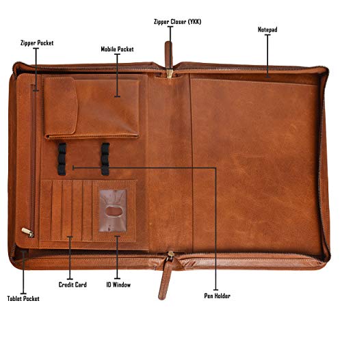 Leather Portfolio for Men and Women - Multi Pocket Zippered Padfolio Folder (Cognac Vintage)