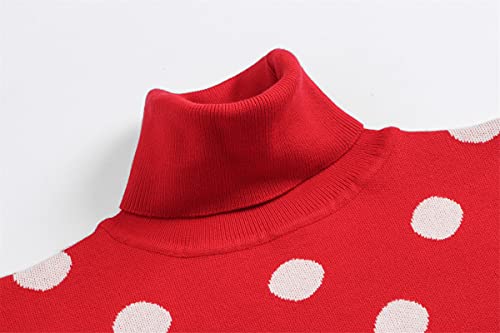 Betusline Womens Slim Fit Long Sleeve Turtleneck Knit Sweater Pullover, Red Polka Dot, Large #TOP2