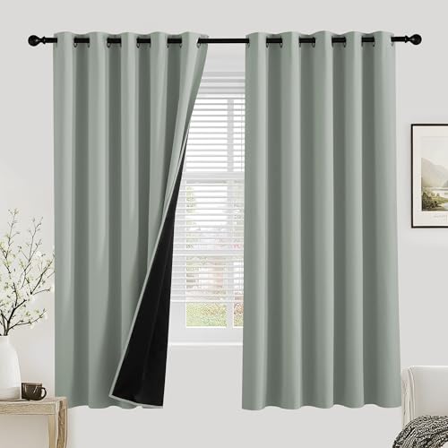 PONY DANCE 100% Blackout Curtains for Bedroom - Thermal Full Blackout Eyelet Curtains & Drapes Heat and Light Blocking Panels for Living Room with Black Liner 2 Pcs, 66 x 72 Inch, Sage Green