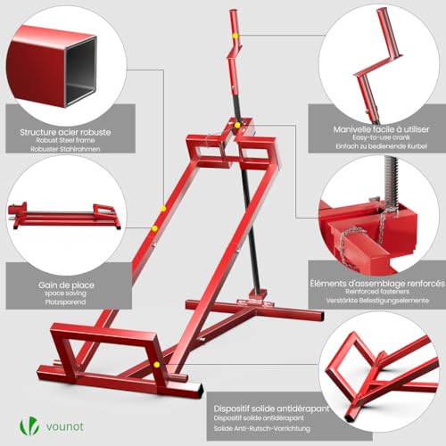 Foto von VOUNOT® Rasenmäherheber, Rasenmäher Jack, Teleskop Garten Rasenmäher Lifter, Hebevorrichtung 400KG für Mäher-Traktor, Teleskopversion für 30% Speichereinsparung, Rot