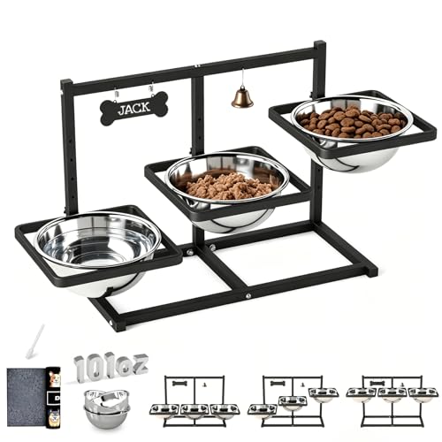 SHAINFUN Elevated Dog Bowls Stand for Large/Extra Large Dogs with Mat, 6 Height Adjustable Raised Dog Bowl, Three 101oz Food Water Bowls