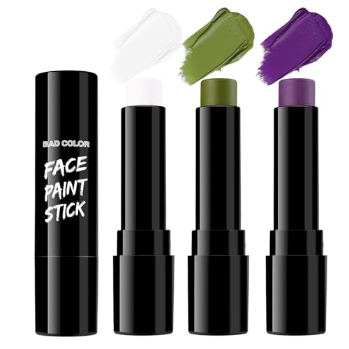 Image of BADCOLOR 3PCS White Ogre Green Purple Face Body Paint Stick Makeup for Beetle-juice / Frankenstein SFX Cosplay & Dress Up, Full-Coverage Halloween Facepaint Makeup Kit