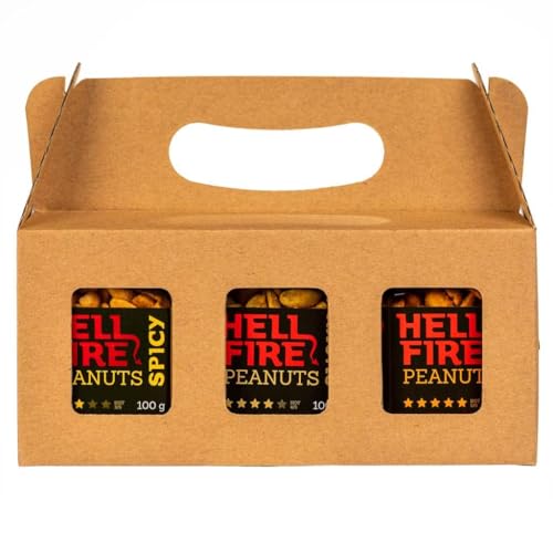 I LOVE SPICY Hellfire Peanuts Pack Regalo 3 x 100 g – Cacahuetes Picantes Con Habanero, Trinidad Scorpion & Carolina Reaper – Caja De Regalo Para Amantes Del Picante – Grado de Picante 3-5/5