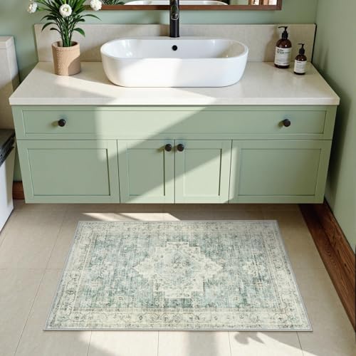 LIVEBOX Washable Rug 2x3 Kitchen Mats for Floor Entryway, Non Slip Front Door Mat for Bathroom Hallway, Boho Low-Pile Small Carpet Farmhouse Throw Indoor Rugs for Bath Sink, Sage Green - image 4