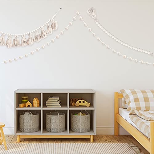 3 Pieces Boho Tassel Garland With Wooden Beads, Farmhouse Beads Garland With Tassels, Pom Pom Garlands For Boho Home Modern Farmhouse Rustic Home Mantle Decor (Classic Color) #TOP5