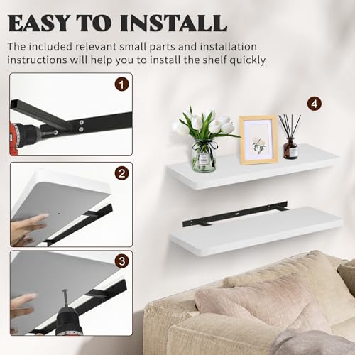 ASmileIndeep Floating Shelves for Wall, Wood Shelves with Invisible Brackets for Bathroom, Living Room, Bedroom and Kitchen, Long Wall Shelf for Books/Storage/Room Decor, 24 Inch, Set of 2, White