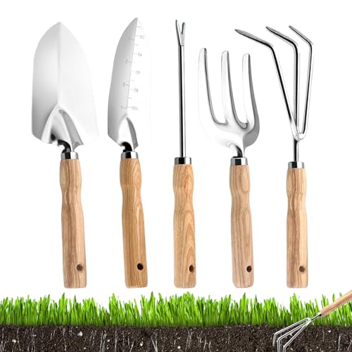 Outils de Jardinage pour Femmes - Ensemble De Cinq Bêches en Acier Inoxydable Robustes avec Manches en Bois | Ensemble D'Outils À Main pour Jardin | pour Fleurs de Printemps Serre Creusage Arrosage